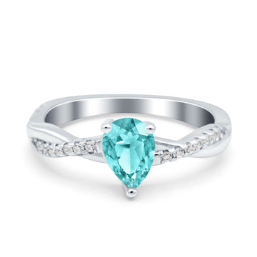 Pear Art Deco Wedding Ring Twisted Simulated Paraiba Tourmaline CZ 925 Sterling Silver